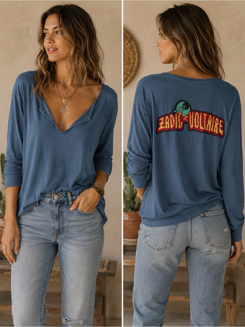 Zadig & Voltaire Blue Graphic Long Sleeve Tee Raw Edge V-Neck Oversized